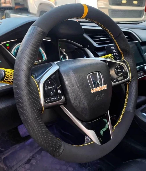 DİKİŞLİ DİREKSİYON KILIFI NUBUK / NOKTA DERİ SARI YÜZÜK SARI DİKİŞ HONDA CİVİC BU DİREKSİYON ürün görseli 1