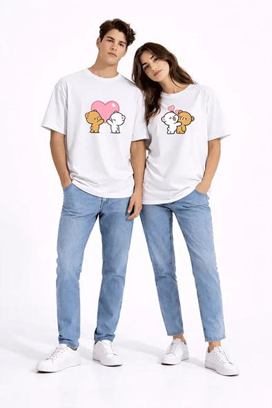 Sevgili Kombini Ayıcık Kalp Baskılı Çift Tişört Oversize Unisex Partner Kombin Seti ürün görseli 1