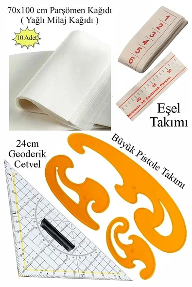 Geoderik Üçgen Cetvel 24cm ve Pistole Cetvel Takımı Yağlı Parşömen Milaj Kağıdı Eşel Takımı Modalist Terzi Çizim ürün görseli 1