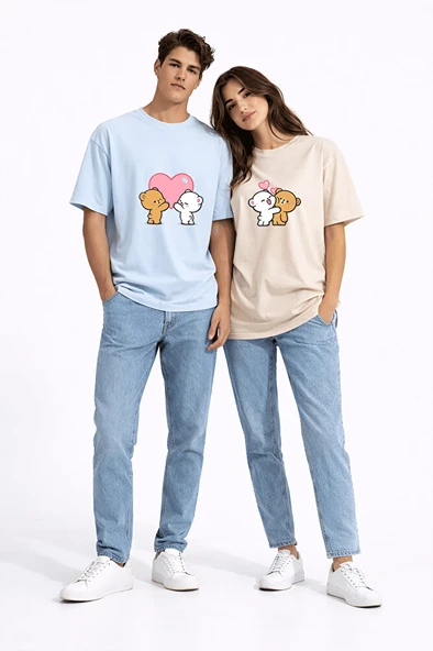 【mpi♡ページ】 PTTAVM: Sevgili Kombini Ayıcık Kalp Baskılı Çift Tişört Oversize