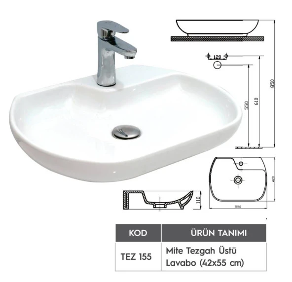 ALVİT Mite Tezgah Üstü Lavabo 42*55 CM - Resim 2