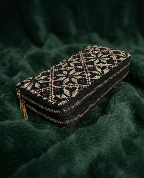 Filistin Geleneksel Gold Nakışlı Çift Fermuarlı Kadın Büyük Cüzdeni 20x10 cm A100028 ürün görseli 1