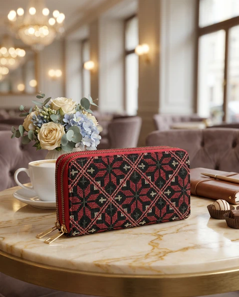 Filistin Geleneksel Renkli Kırmızı Nakışlı Çift Fermuarlı Kadın Büyük Cüzdeni 20x10 cm A100027 ürün görseli 1