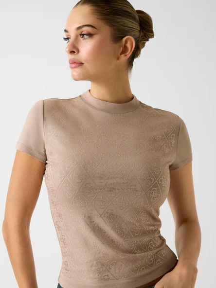 Guess W4BI26J1314 Ss Mock Neck All Ove Kadın Tişört ürün görseli 1