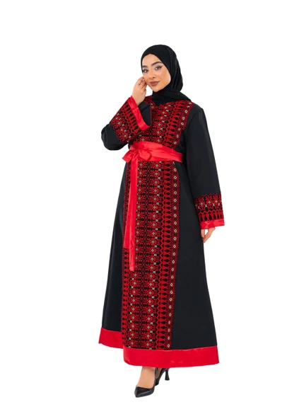 Uzun Kollu Tek Taraflı Nakışlı Kırmızı Kemerli Filistin Elbise C100057 ürün görseli 1