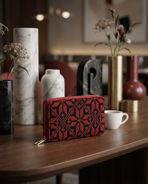 Filistin Geleneksel  Kırmızı Nakışlı Tek Fermuarlı Kadın Büyük Cüzdeni 14x9 cm A100029 ürün görseli 1