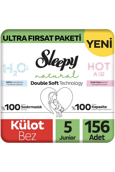 Sleepy Natural Double Soft Ultra Fırsat Paketi Külot Bez 5 Numara Junior 156 Adet ürün görseli 1