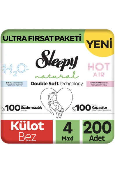 Sleepy Natural Double Soft Ultra Fırsat Paketi Külot Bez 4 Numara Maxi 200 Adet ürün görseli 1