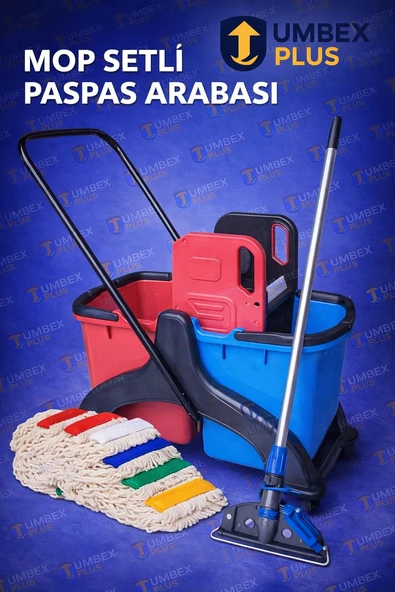 Umbex Plus-Plastik Çift Kovalı Araba Plastik Presli Temizlik Arabası 5 Mop Setli ürün görseli 1