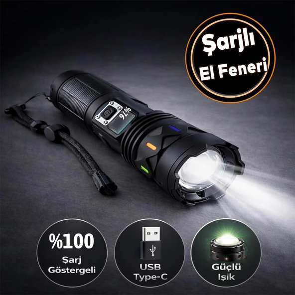 Şarjlı LED El Feneri Power Bank Kamp Balıkçılık Hobi Güçlü Işık Taşınabilir Pil Göstergeli El Feneri ürün görseli 1