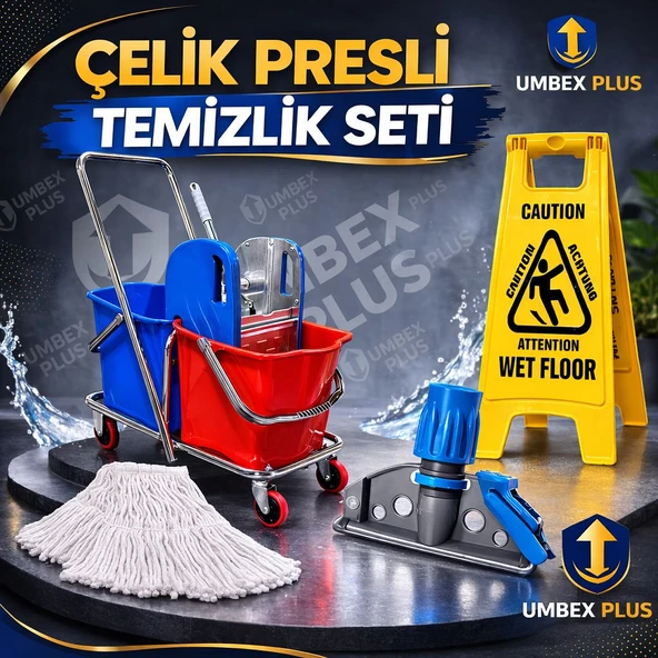 Umbex Plus-Çift Kovalı Metal Presli Temizlik Arabası Kaygan Zemın,Mop,Aparat Setli ürün görseli 1