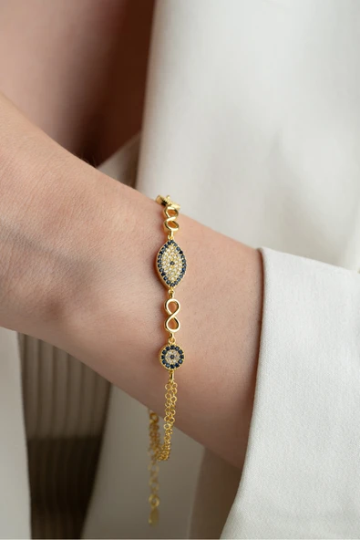 Two Arts Kadın 925 Ayar Gümüş Nazar Boncuğu ve Sonsuzluk Charm Bileklik | Hediye Kutusunda 14K Altın Kaplama Tek Ebat ürün görseli 1
