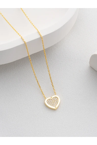 Two Arts Jewelry Kadın 925 Ayar Gümüş Zirkon Çerçeveli Kalp Kolye | Hediye Kutusunda Altın 45 cm ürün görseli 1