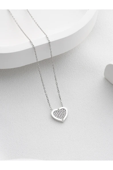 Two Arts Jewelry Kadın 925 Ayar Gümüş Zirkon Çerçeveli Kalp Kolye | Hediye Kutusunda Gümüş 45 cm ürün görseli 1