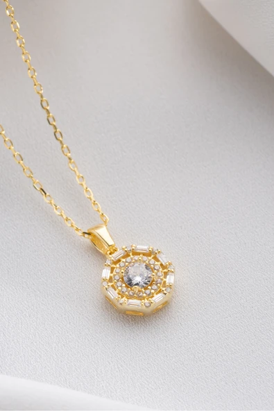 Two Arts Jewelry Kadın 925 Ayar Gümüş Halo Zirkon Taşlı Kolye | Hediye Kutusunda Altın 45 cm ürün görseli 1
