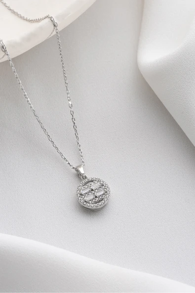 Two Arts Jewelry Kadın 925 Ayar Gümüş Oval Baget Zirkon Taşlı Kolye | Hediye Kutusunda Gümüş 45 cm ürün görseli 1