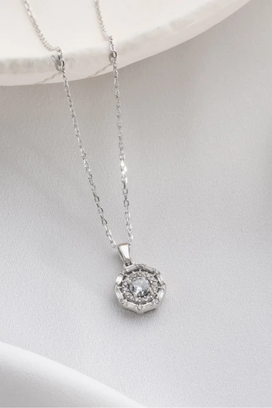Two Arts Jewelry Kadın 925 Ayar Gümüş Halo Zirkon Taşlı Kolye | Hediye Kutusunda Gümüş 45 cm ürün görseli 1