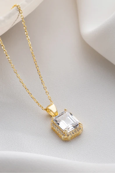 Two Arts Jewelry Kadın 925 Ayar Gümüş Dikdörtgen Zirkon Taşlı Kolye | Hediye Kutusunda Altın 45 cm ürün görseli 1