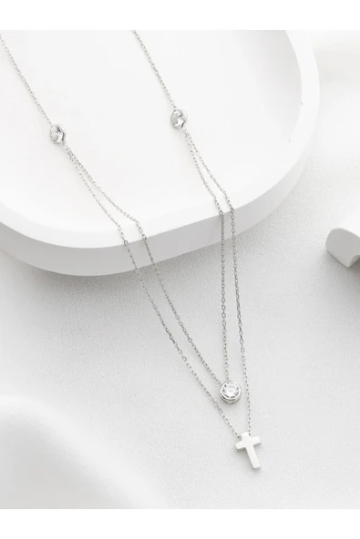 Two Arts Jewelry Kadın 925 Ayar Gümüş Üç Taşlı Haç Kolye | Hediye Kutusunda Gümüş 45 cm ürün görseli 1