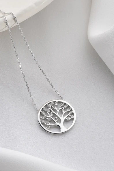 Two Arts Jewelry Kadın 925 Ayar Gümüş Hayat Ağacı Zirkon Taşlı Kolye | Hediye Kutusunda Gümüş 45 cm ürün görseli 1