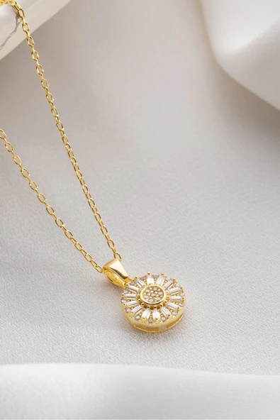 Two Arts Jewelry Kadın 925 Ayar Gümüş Yuvarlak Güneş Işığı Zirkon Kolye | Hediye Kutusunda Altın 45 cm ürün görseli 1
