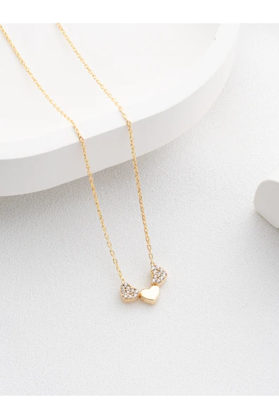 Two Arts Jewelry Kadın 925 Ayar Gümüş Üç Kalp Kolye | Hediye Kutusunda Altın 45 cm ürün görseli 1