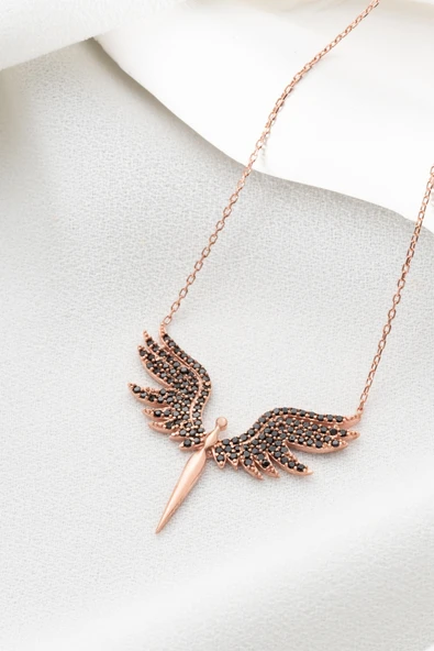 Two Arts Kadın 925 Ayar Gümüş Siyah Zirkon Taşlı Mikail Meleği Kolye | Hediye Kutusunda Bronz Kaplama 45 cm üzeri ürün görseli 1