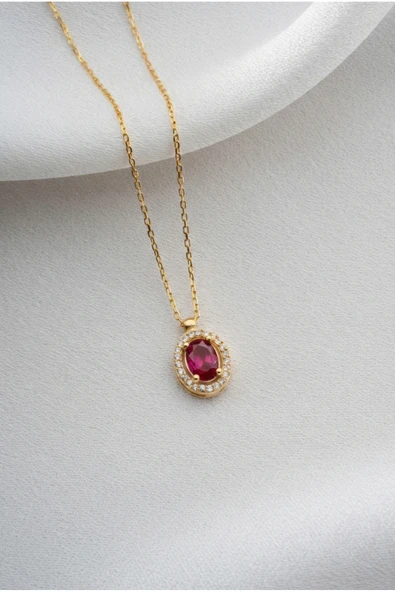 Two Arts Kadın 925 Ayar Gümüş Yakut Temmuz Doğum Taşlı Baget Kolye Oval | 14K Altın Kaplama Yakut Kırmızı 45 cm üzeri ürün görseli 1