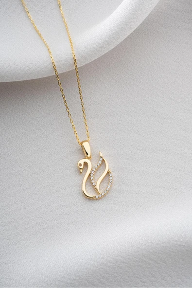 Two Arts Kadın 925 Ayar Gümüş Kuğu Kolye | 14K Altın Kaplama Altın 45 cm üzeri ürün görseli 1