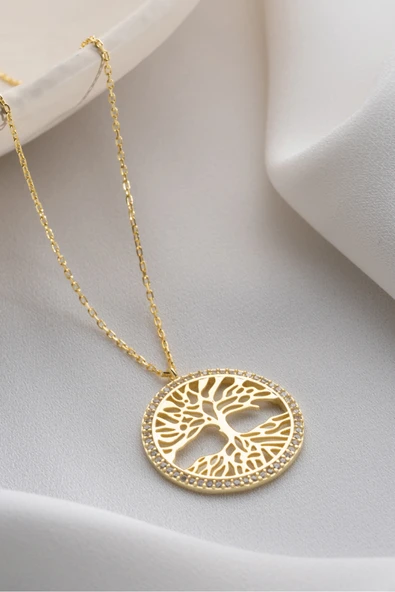 Two Arts Jewelry Kadın 925 Ayar Gümüş Hayat Ağacı Zirkon Taşlı Kolye | Hediye Kutusunda Altın 45 cm ürün görseli 1