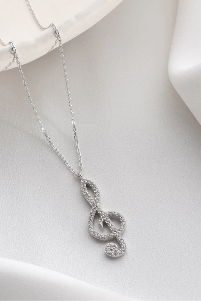 Two Arts Jewelry Kadın 925 Ayar Gümüş Sol Anahtarı Zirkon Taşlı Kolye | Hediye Kutusunda Gümüş 45 cm ürün görseli 1