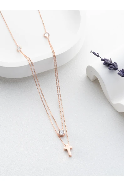 Two Arts Jewelry Kadın 925 Ayar Gümüş Üç Taşlı Haç Kolye | Hediye Kutusunda Pembe 45 cm ürün görseli 1