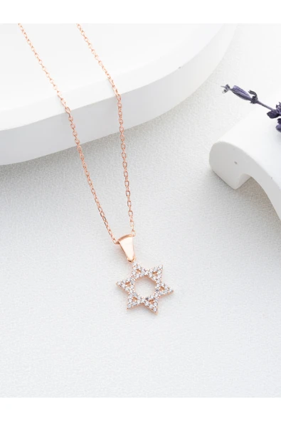 Two Arts Jewelry Kadın 925 Ayar Gümüş Davut Yıldızı Kolyesi | Hediye Kutusunda Pembe 45 cm ürün görseli 1