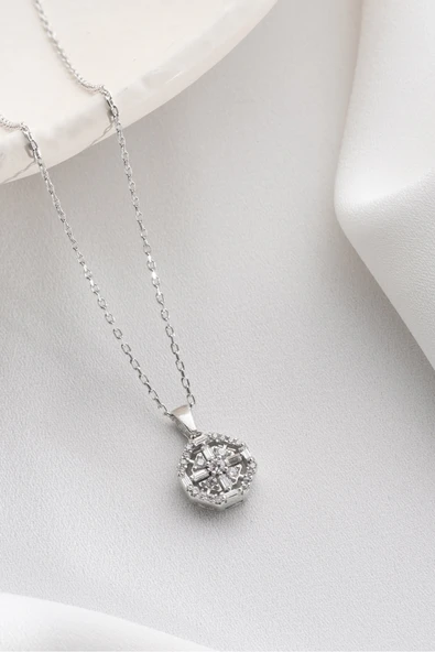 Two Arts Jewelry Kadın 925 Ayar Gümüş Sekizgen Zirkon Taşlı Kolye | Hediye Kutusunda Gümüş 45 cm ürün görseli 1