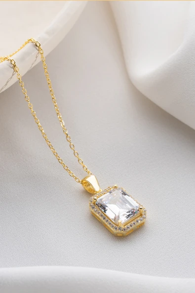 Two Arts Jewelry Kadın 925 Ayar Gümüş Dörtgen Kesim Zirkon Taşlı Kolye | Hediye Kutusunda Altın 45 cm ürün görseli 1