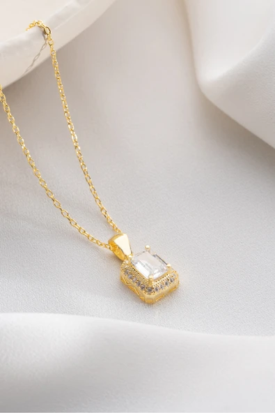 Two Arts Jewelry Kadın 925 Ayar Gümüş Dikdörtgen Baget Zirkon Taşlı Kolye | Hediye Kutusunda Altın 45 cm ürün görseli 1