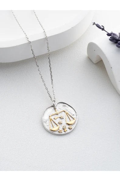 Two Arts Jewelry Kadın 925 Ayar Gümüş Terazi Burcu Kolye | Kişiye Özel Tasarım | Hediye Kutusunda Altın 45 cm ürün görseli 1