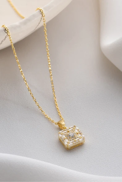 Two Arts Jewelry Kadın 925 Ayar Gümüş Kare Zirkon Taşlı Kolye | Hediye Kutusunda Altın 45 cm ürün görseli 1