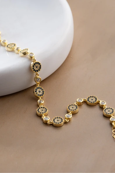 Two Arts Kadın 925 Ayar Gümüş Nazar Boncuklu Yuvarlak Charm Bileklik | Hediye Kutusunda 14K Altın Kaplama Tek Ebat ürün görseli 1