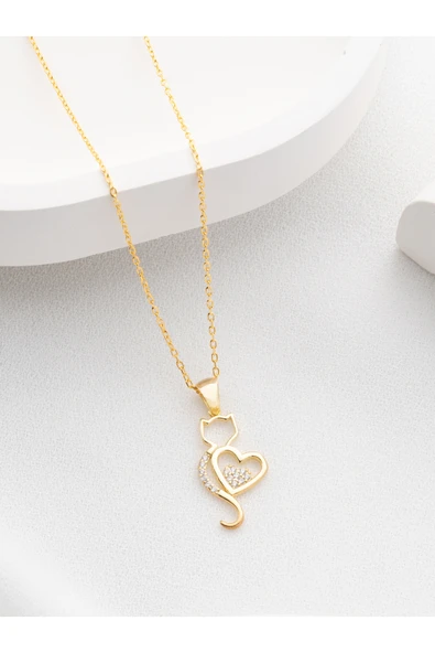 Two Arts Jewelry Kadın 925 Ayar Gümüş Kedi Kalp Kolye | Hediye Kutusunda Altın 45 cm ürün görseli 1