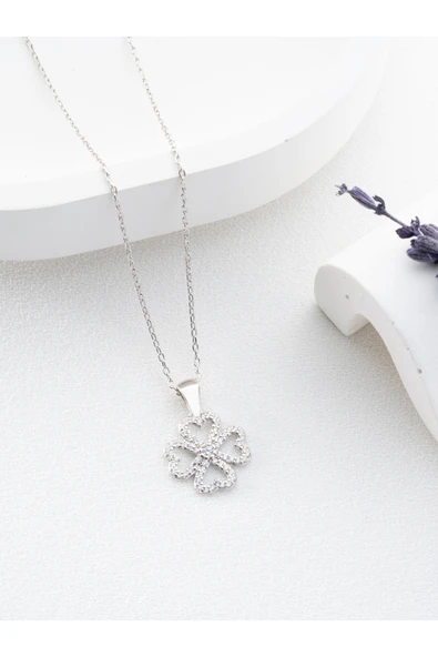 Two Arts Jewelry Kadın 925 Ayar Gümüş Zirkon Taşlı Dört Yapraklı Yonca Kolye | Hediye Kutusunda Gümüş 45 cm ürün görseli 1
