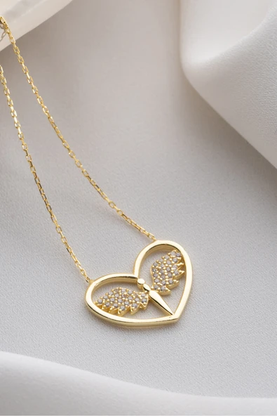 Two Arts Jewelry Kadın 925 Ayar Gümüş Melek Kanadı ve Kalp Zirkon Taşlı Kolye | Hediye Kutusunda Altın 45 cm ürün görseli 1