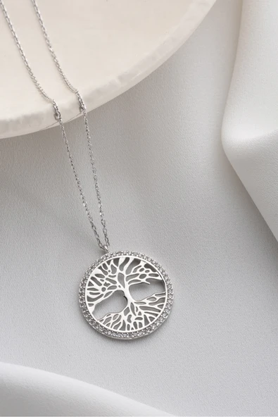 Two Arts Jewelry Kadın 925 Ayar Gümüş Hayat Ağacı Zirkon Taşlı Kolye | Hediye Kutusunda Gümüş 45 cm ürün görseli 1
