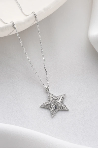 Two Arts Jewelry Kadın 925 Ayar Gümüş Yıldız Zirkon Taşlı Kolye | Hediye Kutusunda Gümüş 45 cm ürün görseli 1
