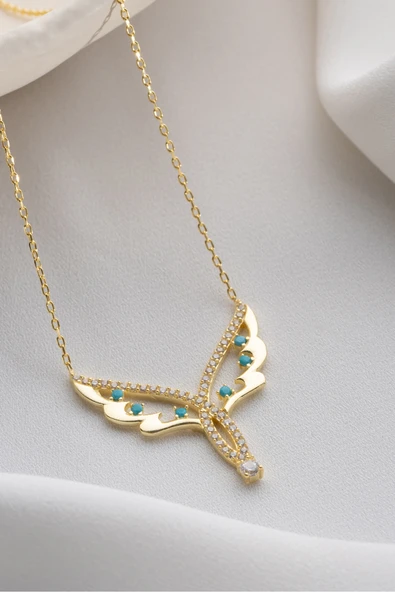 Two Arts Jewelry Kadın 925 Ayar Gümüş Kanat Şeklinde Mavi Taşlı Kolye | Zirkon Taşlı | Hediye Kutusunda Altın 45 cm ürün görseli 1
