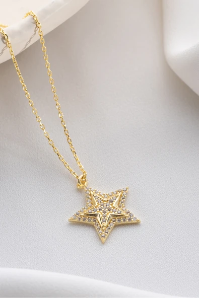 Two Arts Jewelry Kadın 925 Ayar Gümüş Yıldız Zirkon Taşlı Kolye | Hediye Kutusunda Altın 45 cm ürün görseli 1