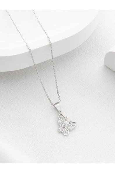 Two Arts Jewelry Kadın 925 Ayar Gümüş Kelebek Kolye | Hediye Kutusunda Gümüş 45 cm ürün görseli 1
