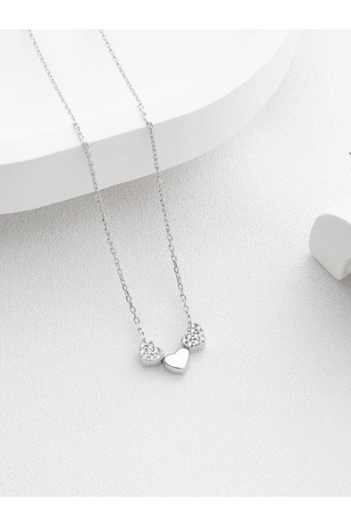 Two Arts Jewelry Kadın 925 Ayar Gümüş Üç Kalp Kolye | Hediye Kutusunda Gümüş 45 cm ürün görseli 1