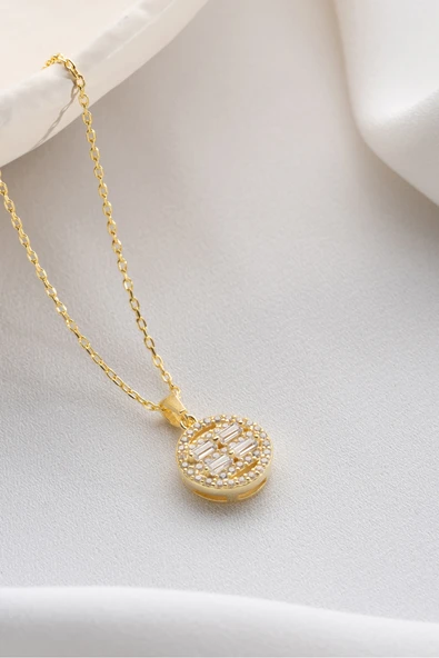 Two Arts Jewelry Kadın 925 Ayar Gümüş Oval Baget Zirkon Taşlı Kolye | Hediye Kutusunda Altın 45 cm ürün görseli 1