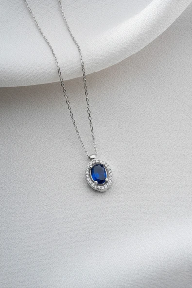 Two Arts Kadın 925 Ayar Gümüş Safir Eylül Doğum Taşlı Baget Kolye Oval | 925 Gümüş Safir Mavi 45 cm üzeri ürün görseli 1